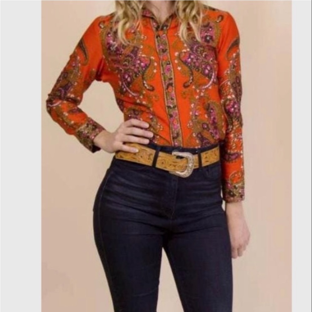 Vintage Vera Neumann Paisley  Orange Long Sleeve Women's Cotton Blouse - Picture 3 of 8